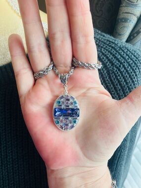 Sterling Silver Lavender Rhinestone Oval Pendant Necklace